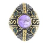 An amethyst and green paste bi-colour dress ring.Ring size P.
