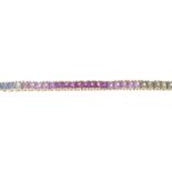 A 9ct gold vari-hue sapphire bracelet.Hallmarks for 9ct gold.