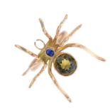A sapphire and brownish green gem spider ring, with 9ct gold band replacement.