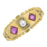 A late Victorian 18ct gold diamond and ruby three-stone ring.Hallmarks for Birmingham,