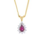 An 18ct gold ruby and diamond pendant, with 18ct gold chain.Estimated total diamond weight 0.35ct.