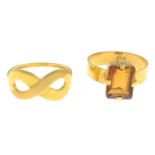 Citrine single-stone ring, stamped 21K, ring size N, 3gms.