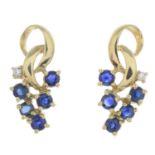 A pair of sapphire and diamond earrings.Stamped 9K.