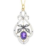 A seed pearl, amethyst and enamel pendant, with chain.Chain stamped 375.