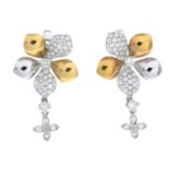 A pair of 18ct gold diamond bi-colour floral earrings.Estimated total diamond weight 0.50ct.