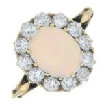 A late 19th century opal and diamond cluster ring.Estimated total diamond weight 0.80ct.