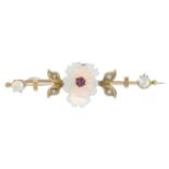 An early 20th century 9ct gold carved opal, ruby and pearl floral bar brooch.Stamped 9CT.