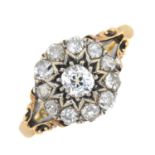 A late 19th century 18ct gold old-cut diamond cluster ring.Estimated total diamond weight 0.70ct,