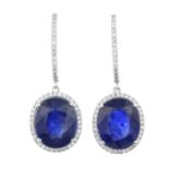 A pair of sapphire and diamond drop earrings.Estimated total diamond weight 1ct,