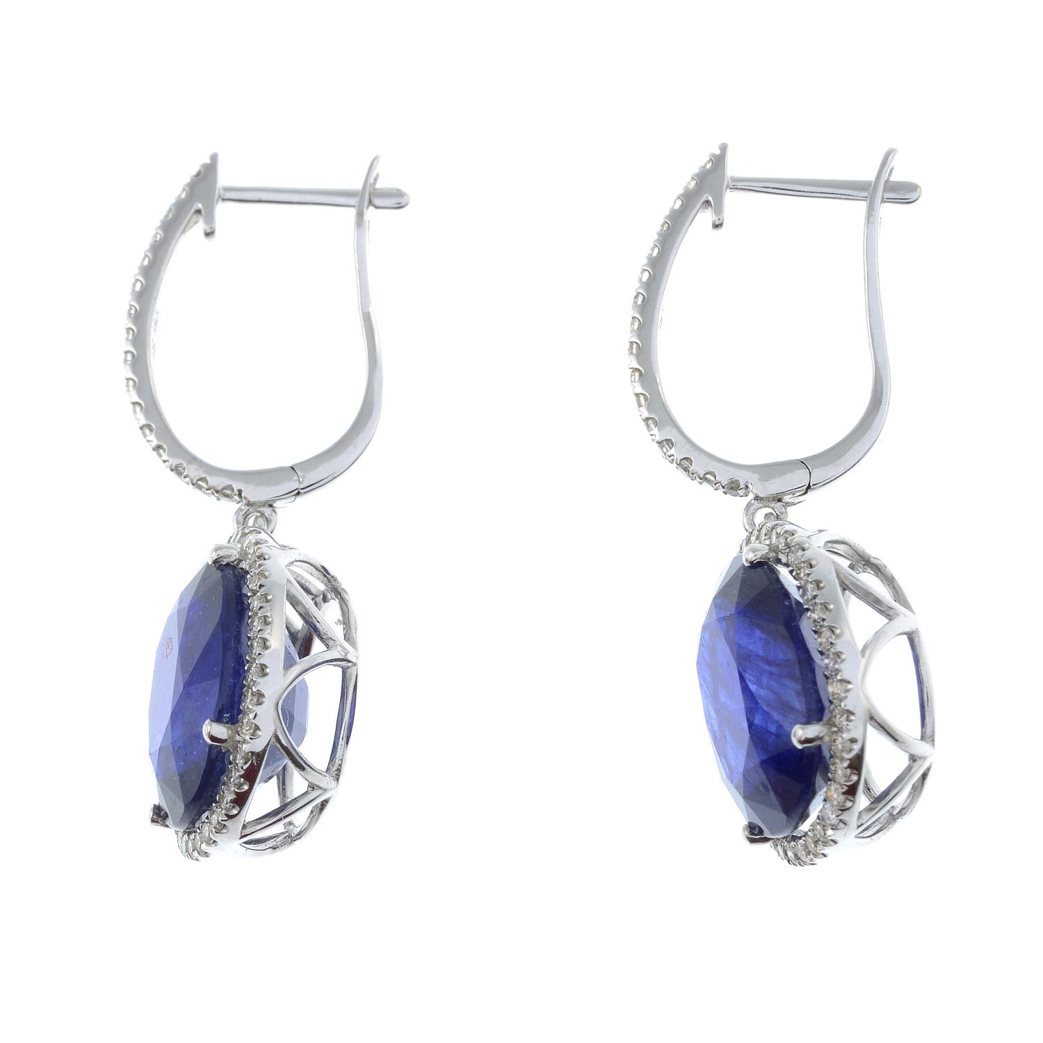 A pair of sapphire and diamond drop earrings.Estimated total diamond weight 1ct, - Image 3 of 3