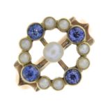 A sapphire and cultured pearl openwork ring.Ring size O.