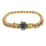 A curb-link bracelet, with late 19th century gem-set clasp.Gems to include Amethyst, emerald.