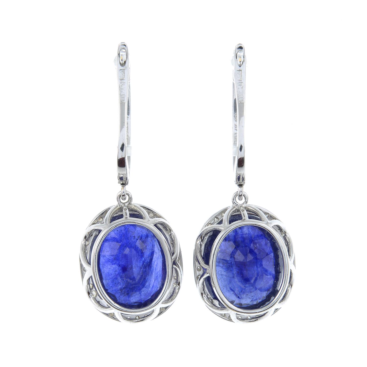 A pair of sapphire and diamond drop earrings.Estimated total diamond weight 1ct, - Image 2 of 3