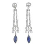 A pair of single-cut diamond and sapphire drop earrings.Total sapphire weight 3.11cts,