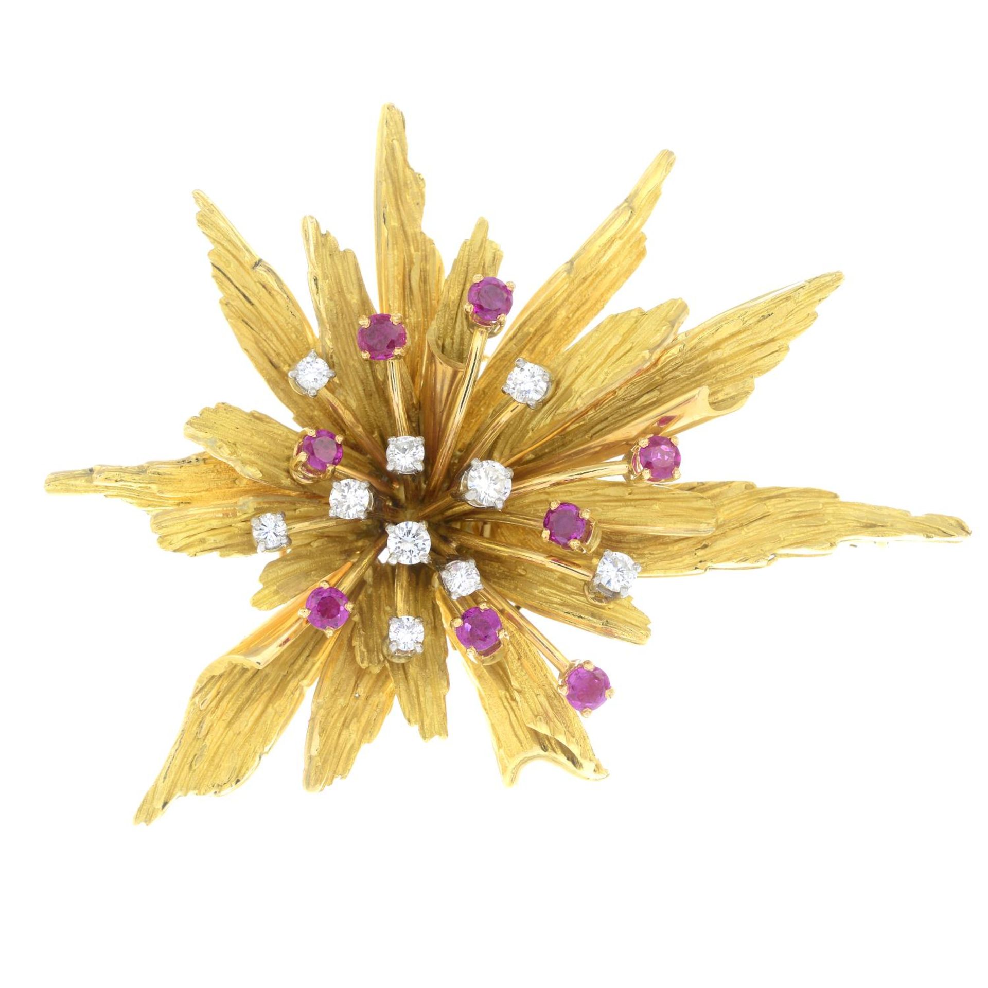A mid 20th century 18ct gold and platinum, ruby and diamond floral spray brooch.