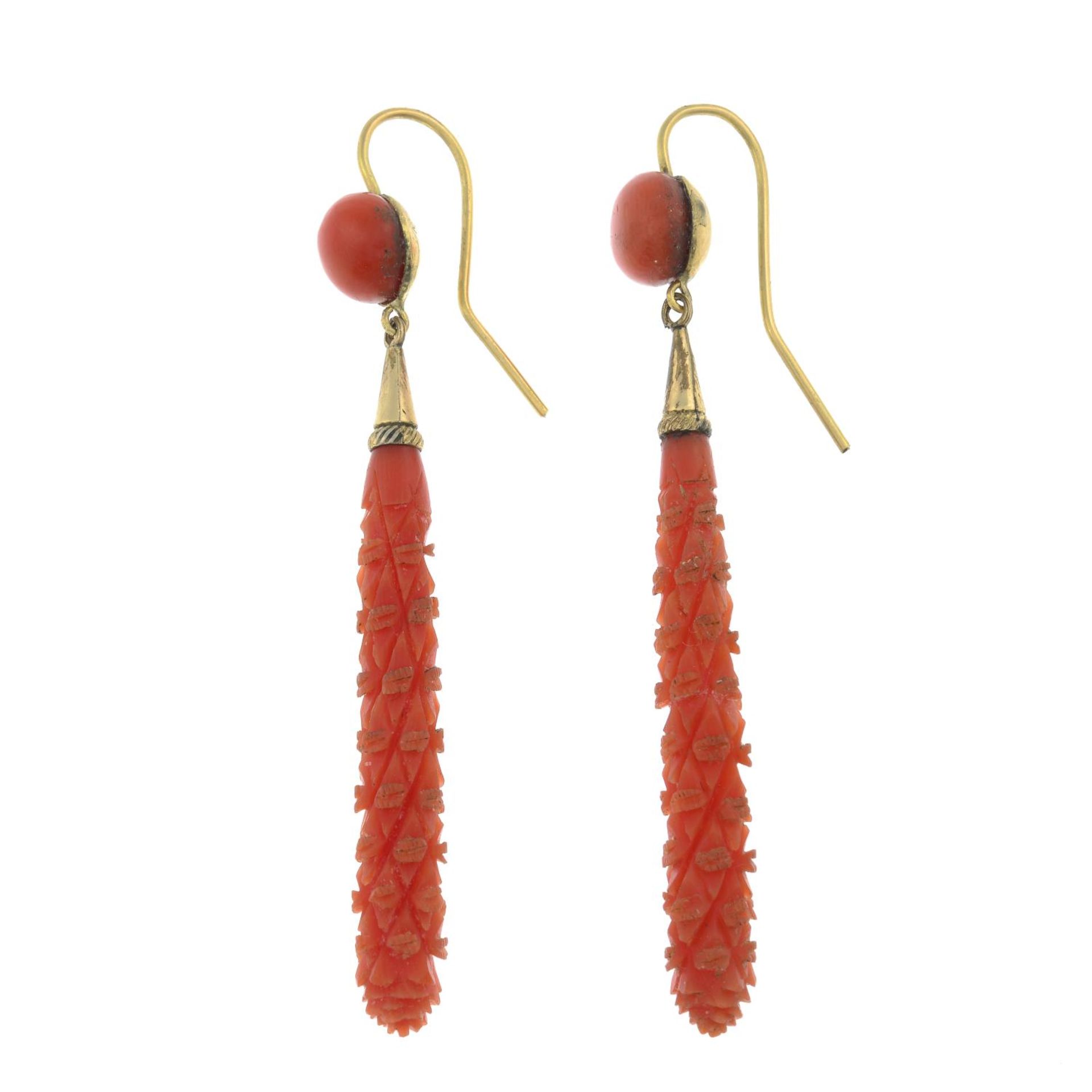 A pair of late Victorian gold coral earrings.Length 6.2cms. - Bild 2 aus 2
