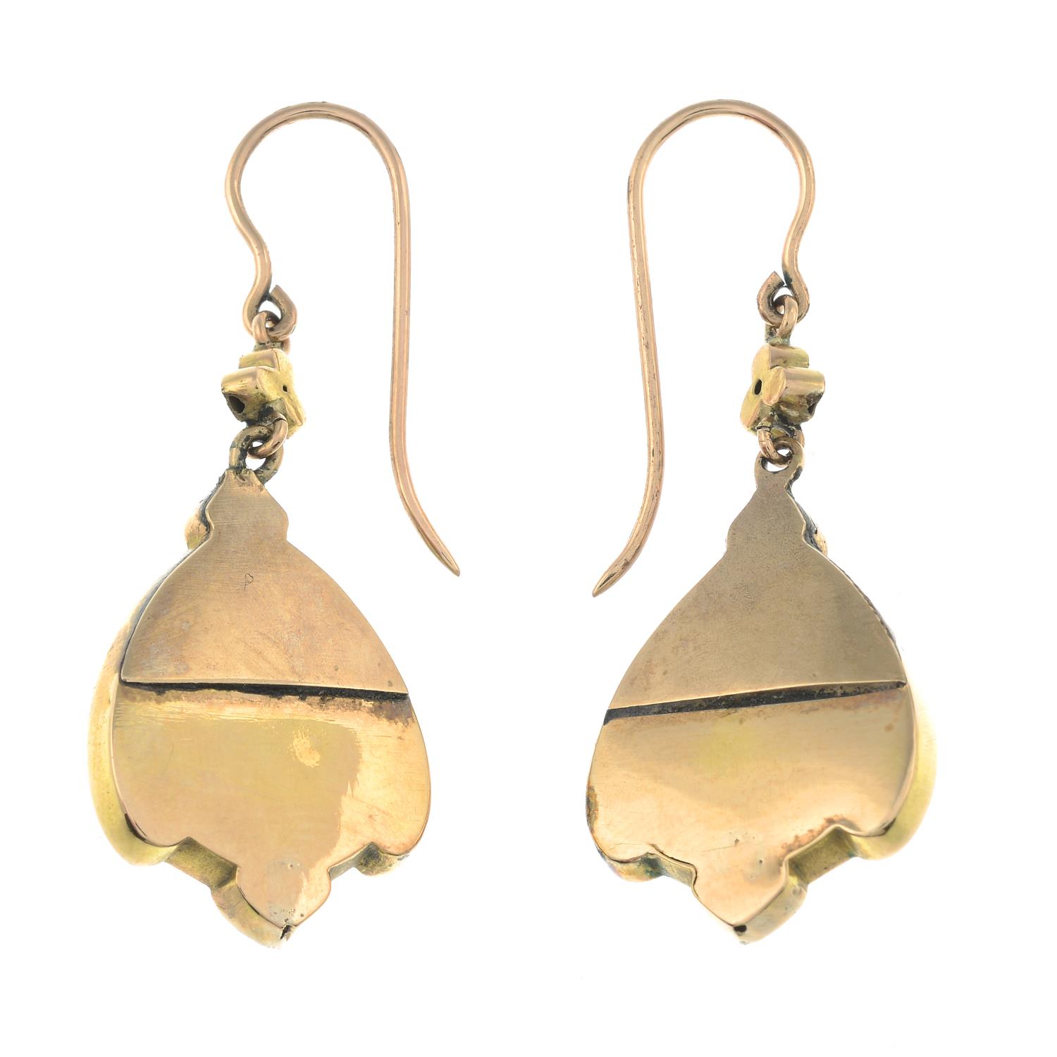 A pair of late Victorian gold coral, split pearl and enamel drop earrings. - Image 2 of 2