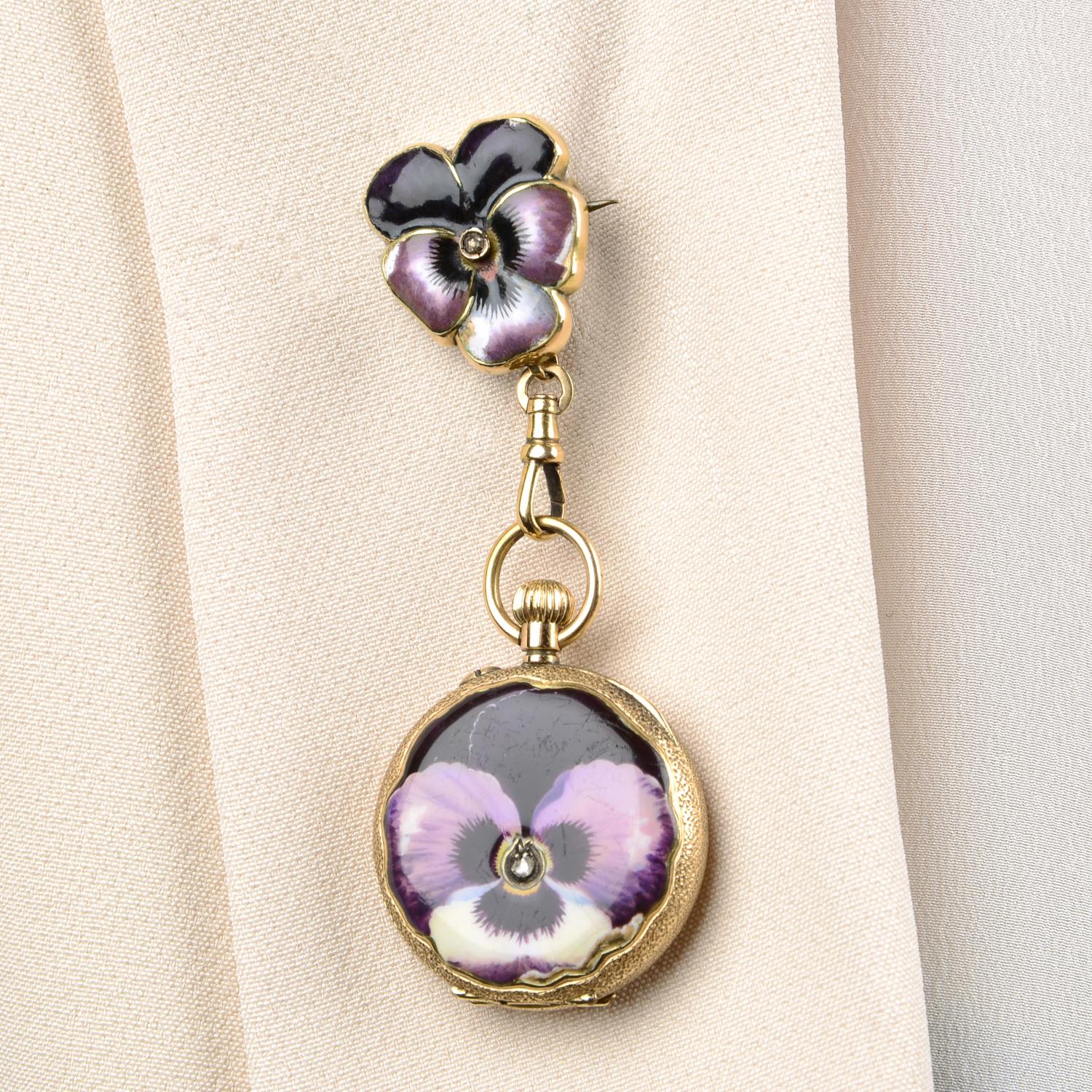 An early 20th century 14ct gold enamel and rose-cut diamond pansy fob watch, - Image 3 of 4