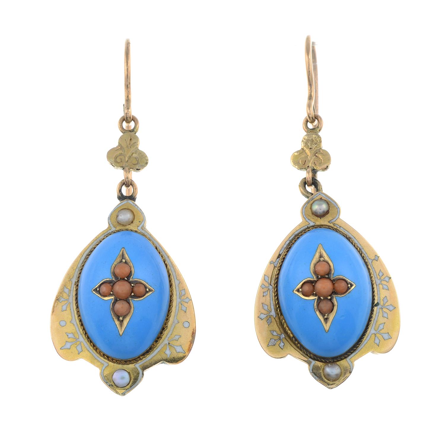 A pair of late Victorian gold coral, split pearl and enamel drop earrings.