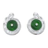 A pair of baguette-cut diamond and emerald cluster earrings.Estimated total diamond weight 0.70ct.