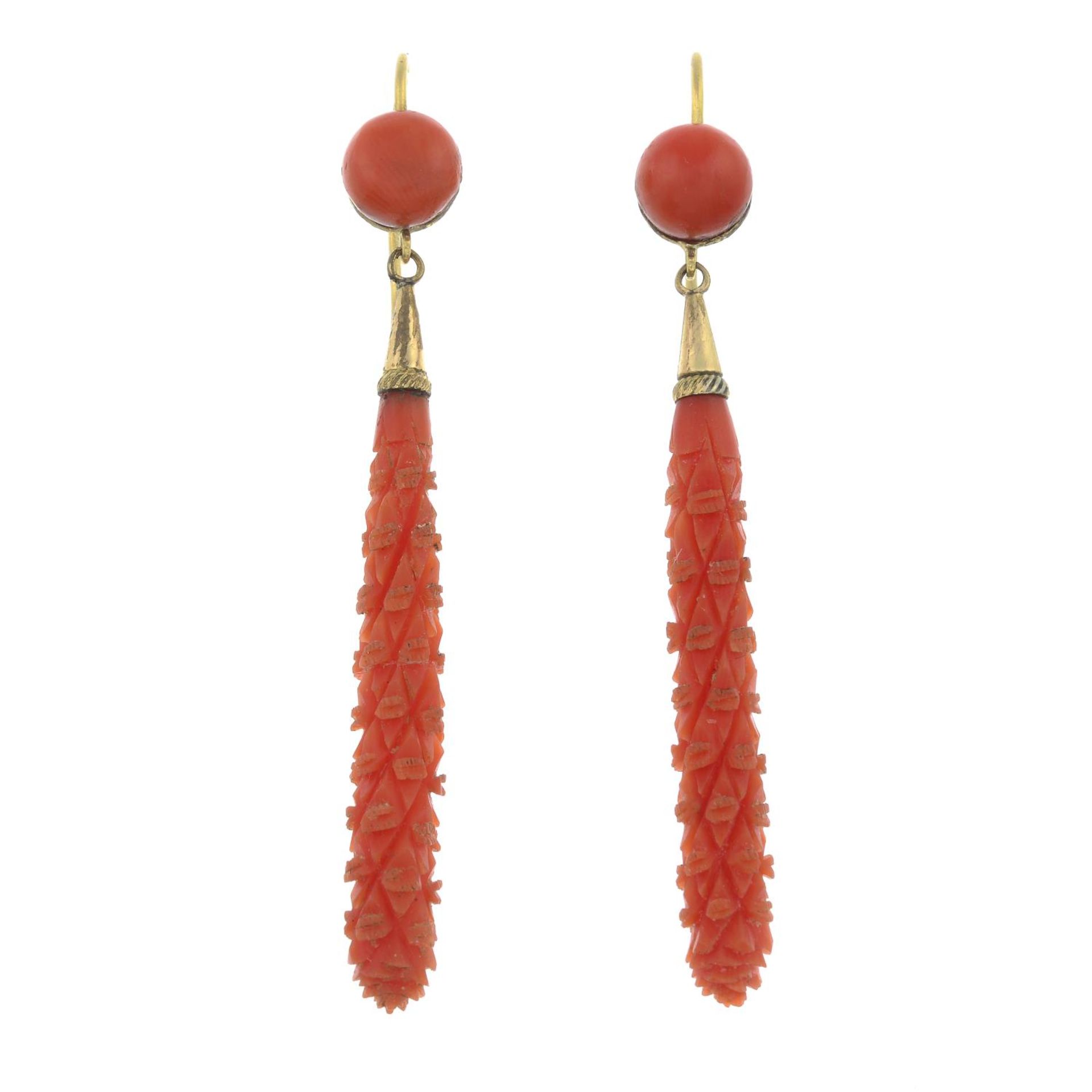 A pair of late Victorian gold coral earrings.Length 6.2cms.
