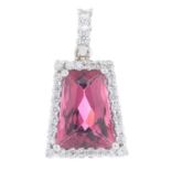 A pink tourmaline and brilliant-cut diamond cluster pendant.Tourmaline calculated weight 1.92cts,