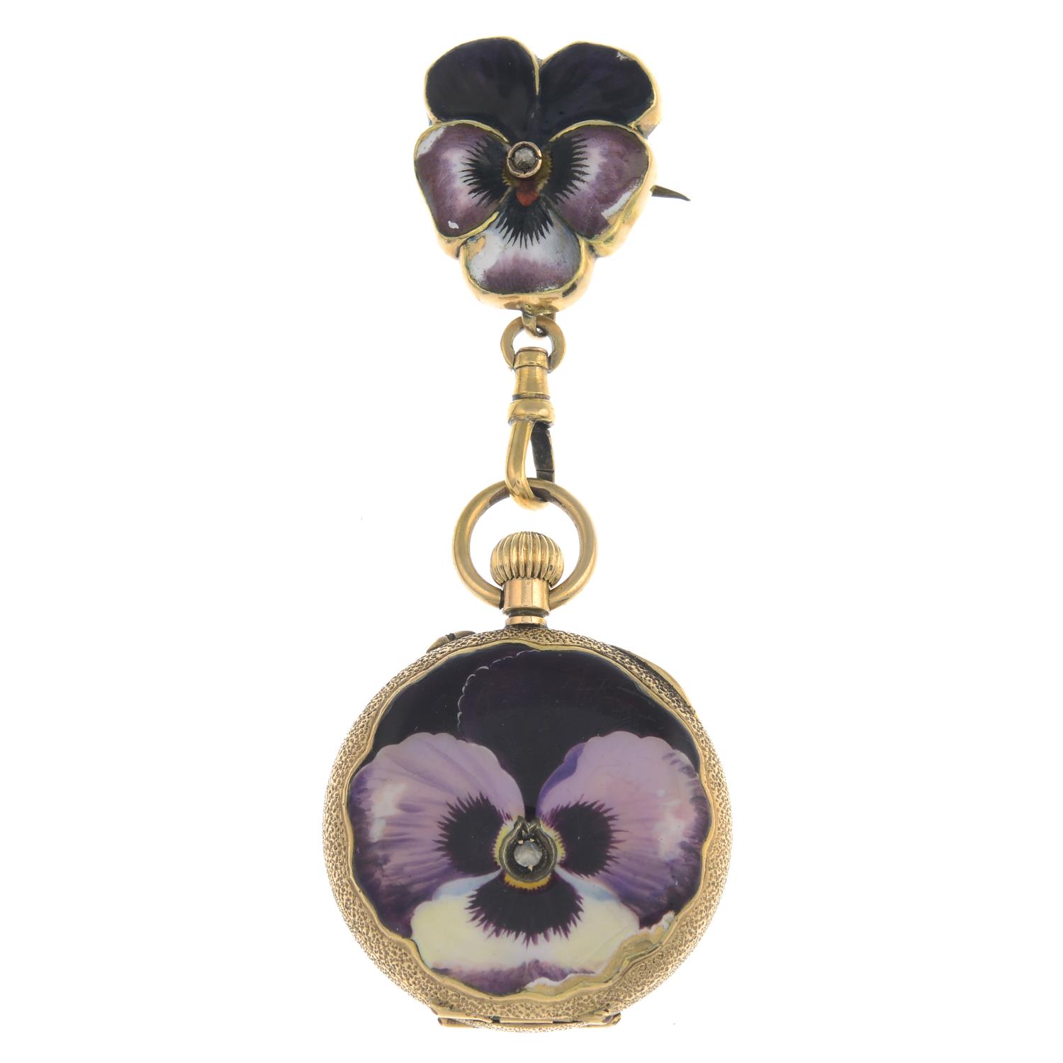 An early 20th century 14ct gold enamel and rose-cut diamond pansy fob watch,