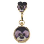 An early 20th century 14ct gold enamel and rose-cut diamond pansy fob watch,