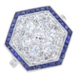 An Art Deco platinum old-cut diamond and calibre-cut sapphire hexagonal cluster ring.