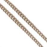 An early 20th century 9ct gold chain, with lobster clasp terminals, suspending a later T-bar.