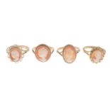 Three shell cameo rings, stamped 9CT, ring sizes J to M, 7.7gms.