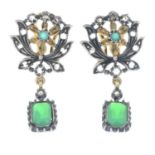 A pair of chalcedony and rose-cut diamond foliate drop earrings.Length 3.3cms.