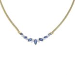 An 18ct gold sapphire and diamond necklace.Estimated total diamond weight 0.35ct.