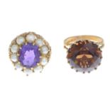 9ct gold amethyst and split pearl cluster ring, hallmarks for 9ct gold, ring size K, 7.3gms.