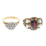 9ct gold garnet and seed pearl dress ring, hallmarks for 9ct gold, ring size M, 3.7gms.