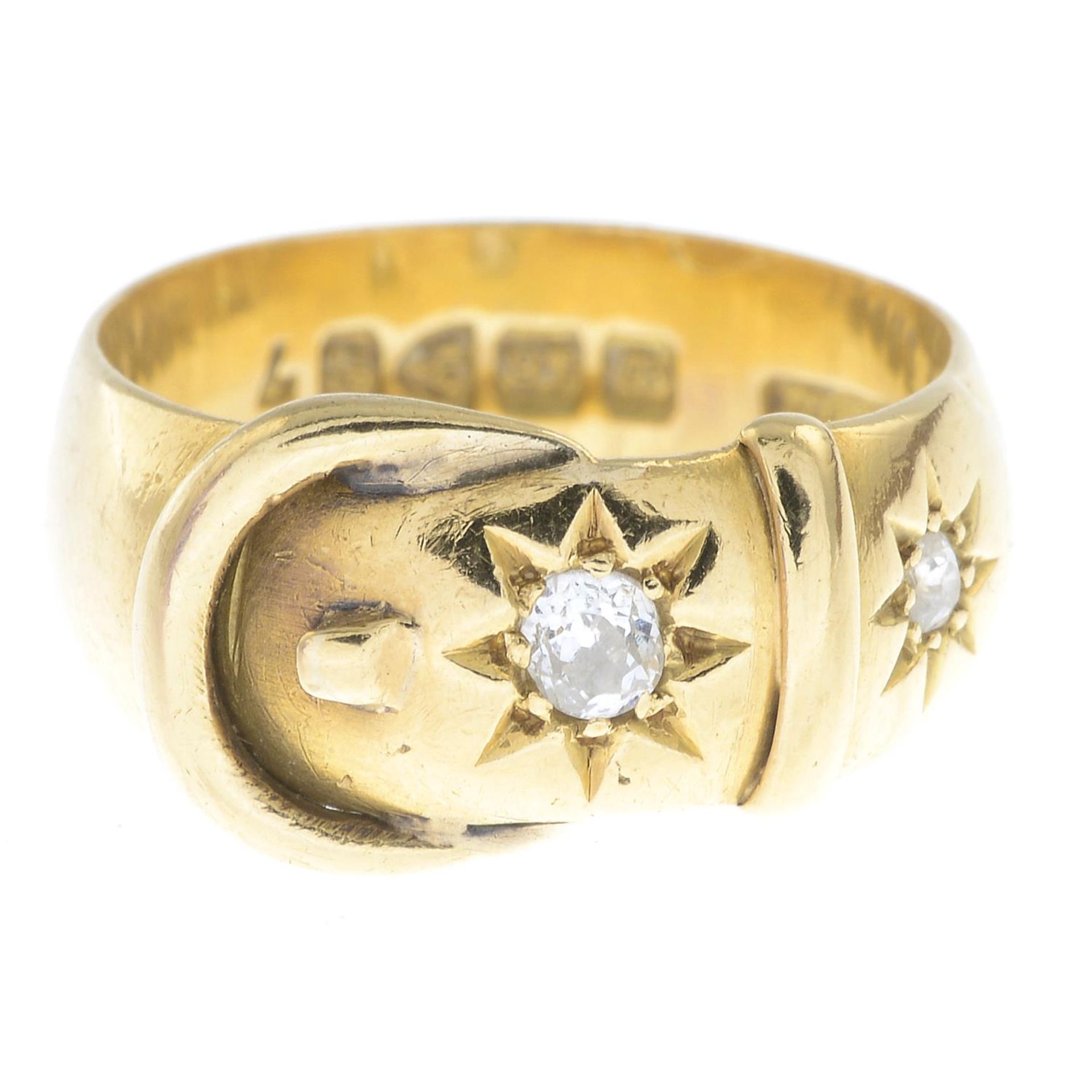 An early 20th century 18ct gold old-cut diamond buckle ring.Hallmarks for Chester,