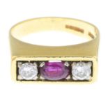 An 18ct gold ruby and brilliant-cut diamond three-stone ring.