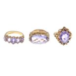 Three 9ct gold amethyst rings.Hallmarks for 9ct gold.