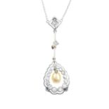 An early 20th century cultured pearl and diamond drop pendant,