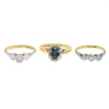 18ct gold sapphire and diamond cluster ring, hallmarks for 18ct gold, ring size M1/2, 4gms.