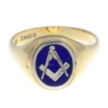 A 9ct gold and enamel masonic swivel signet ring.Hallmarks for Sheffield, 1980.