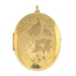 A 9ct gold locket, front engrave to depict a peacock and a pheasant.