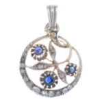 A late 19th century silver and gold sapphire and diamond openwork pendant.Length 3.5cms.