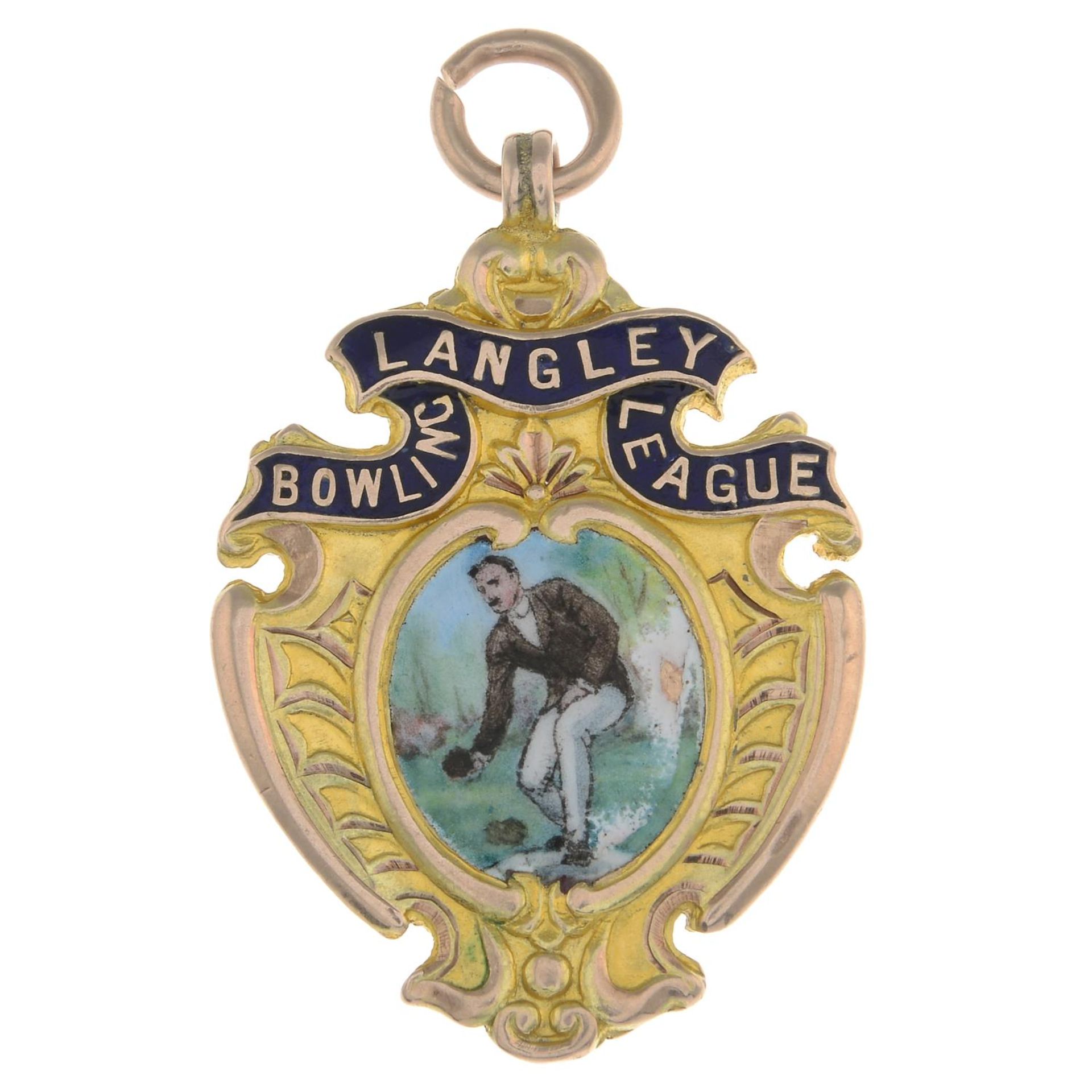 An early 20th century 9ct gold and enamel bowling medallion.Stamped 9CT.