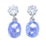 A pair of sapphire and diamond drop earrings.Estimated total diamond weight 0.60ct,