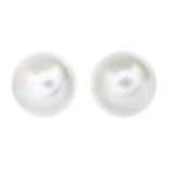 A pair of 18ct gold cultured pearl stud earrings.Cultured pearls measuring 10.9 and 10.8mms.