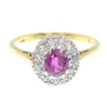 An 18ct gold ruby and single-cut diamond cluster ring.Estimated total diamond weight