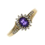 A 9ct gold amethyst and diamond cluster ring.