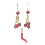 Dyed coral earrings, length 4.5cms, 3.8gms.