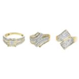 Three 9ct gold diamond dress rings.Estimated total diamond weight 1.80cts.